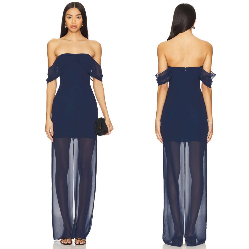 NEW Amanda Uprichard Darien Maxi Dress Navy Dark Blue Formal Off Shoulder Gown S